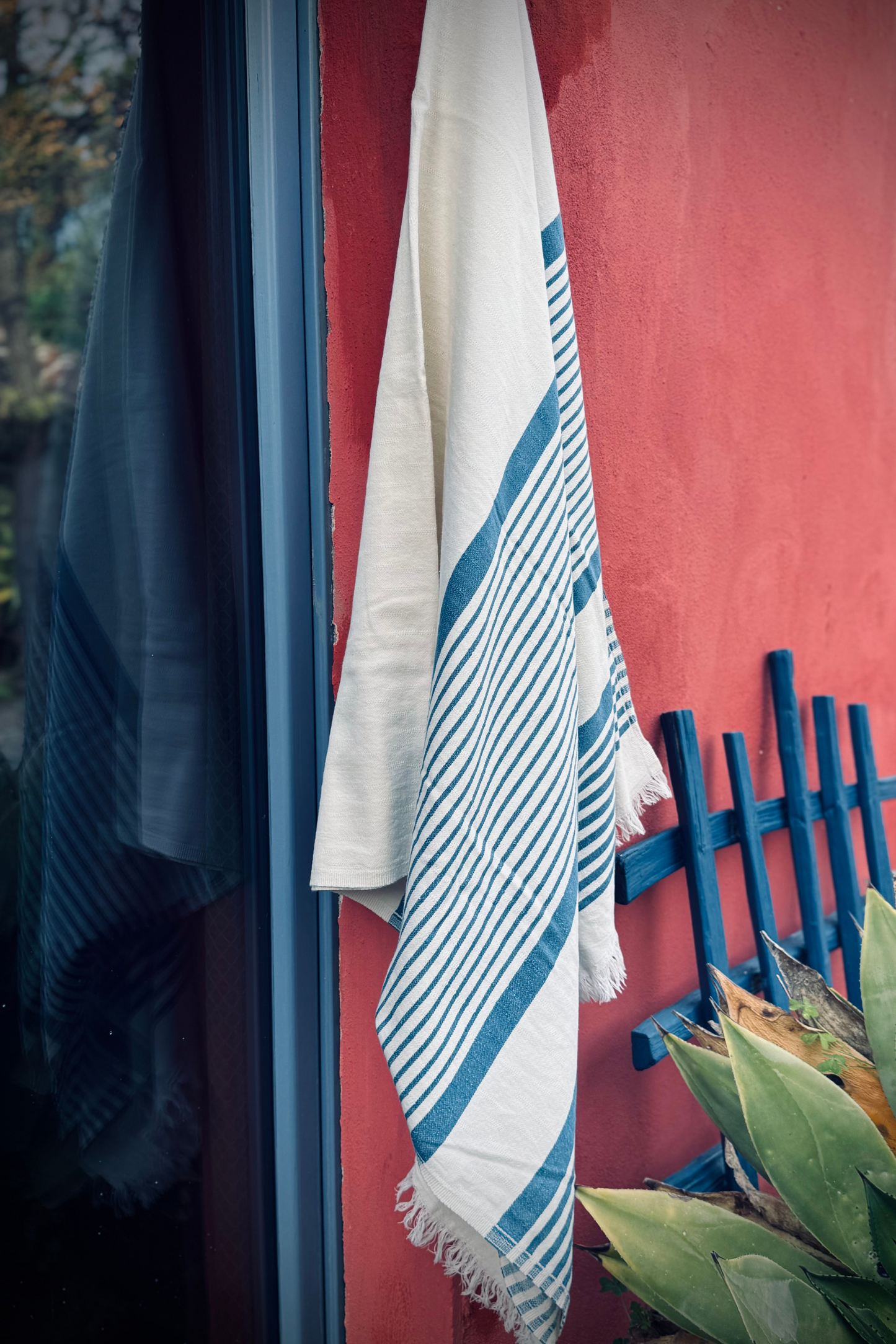 TELO MADDALENA: In Cotone Con Righe Blu Smeraldo